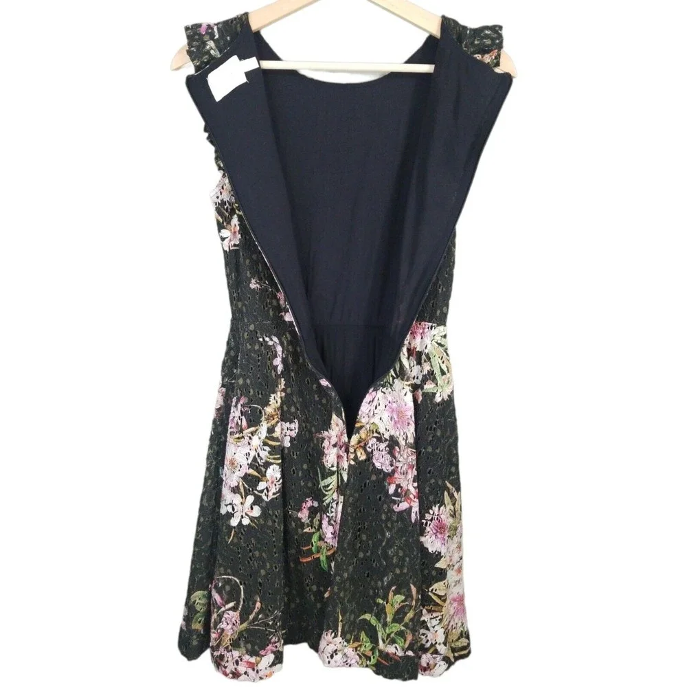 Anthropologie Eri +Ali Black Floral Lace Dress 4 Nevaeh Ruffle Cap Sleeve
